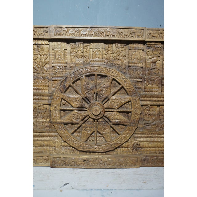 Large Hand-Carved Wooden Konark Chariot Wheel Panel – Sun Temple Style Architectural Wall Art For Sale - Image 4 of 5