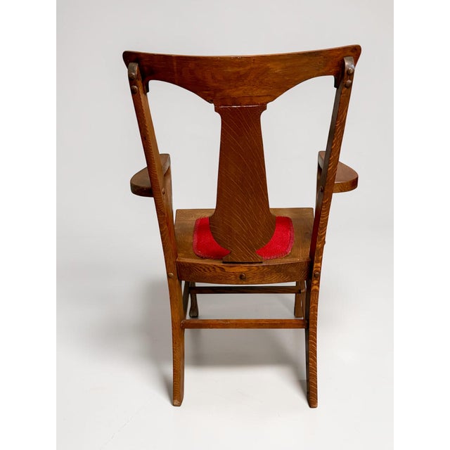 Antique Tiger Oak Arm Chair-Arts Crafts Mission-Red Seat-C1900-Wood-Desk-Accent For Sale - Image 9 of 11