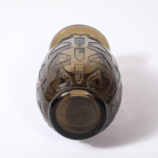 Art Deco Signed Daum Acid-Etched Smoked Glass Vase W/ Geometric Motif For Sale - Image 9 of 10