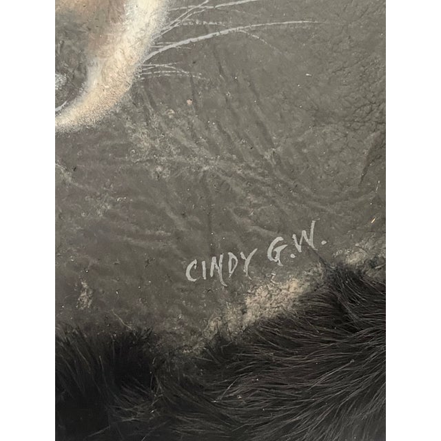 Original art painting animalistic portrait of a wolf on a wolf fur skin , signed by artist.