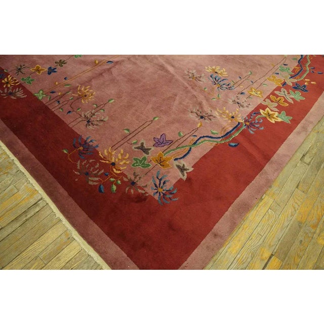 1920s Pink Rose Open Floral Vase Antique Chinese Art Deco Carpet 9' X 11' 7" Knotted Wool Rug For Sale - Image 10 of 12