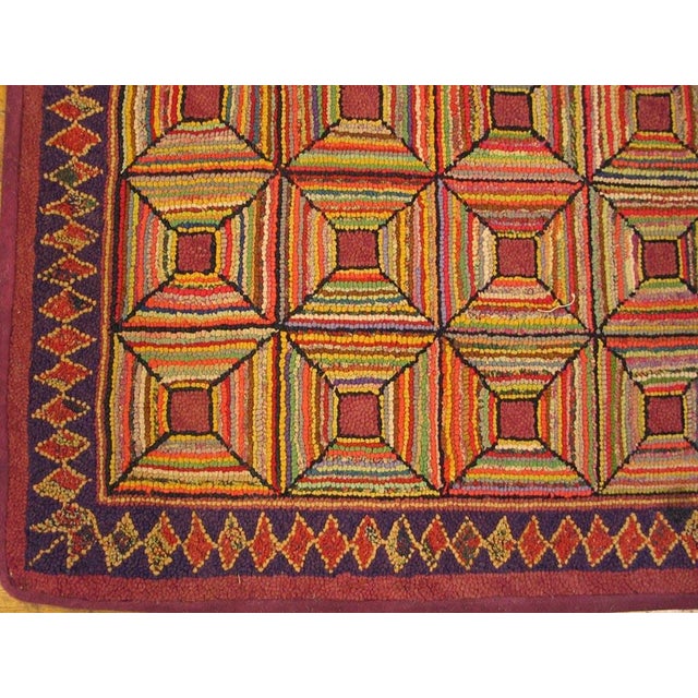 1920s Multicolor Geometric Antique American Hooked Rug 3'6" X 7'0" Handknotted Wool Carpet For Sale - Image 4 of 6
