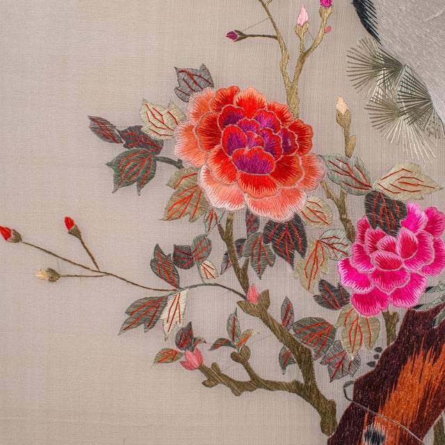 Beige Tall Pair of Vintage Bird Embroideries, Oriental, Framed, Wildlife Art, c.1980 For Sale - Image 8 of 12