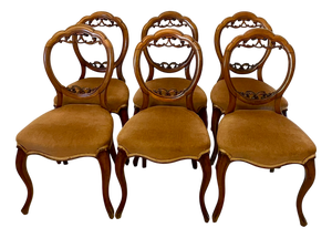Antique Victorian Carved Walnut Balloon-Back Dining Chairs, 1860, Set of 6