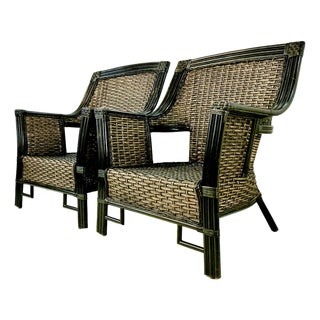 1990s Vintage Boho Chic Chinoiserie Coastal Rattan & Bentwood Lounge Chairs - A Pair. For Sale