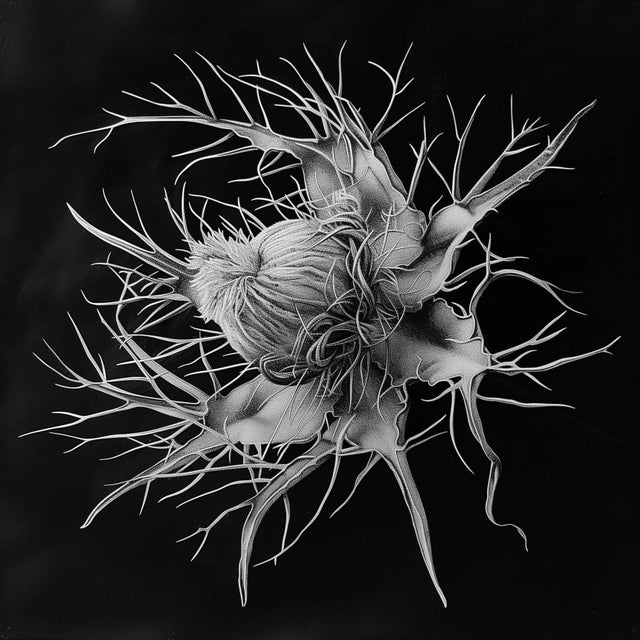 Devil in the Bush Flower — Framed Vintage Botanical Photography Print A striking black-and-white botanical composition...