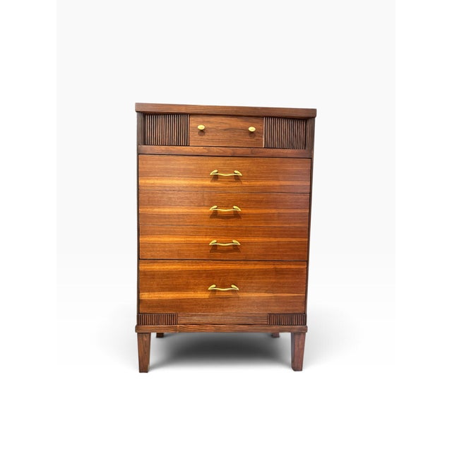 Refinished 1960s Mid Century Modern Walnut Tallboy Dresser | Vintage Walnut Crescent Series S-2430 Highboy Chest | Fluted Louvered Accent Drawer For Sale - Image 11 of 12