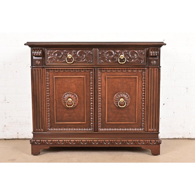 Berkey & Gay Antique English Tudor Carved Walnut and Burl Wood Bar Cabinet, Newly Refinished For Sale - Image 15 of 15