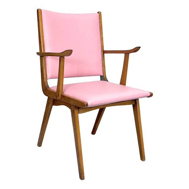 Vintage Italian Wood Accent Chair in Pink Leatherette, Italy, 1950s For Sale