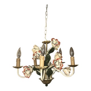 1940s Italian Mid Century Red Roses Green Leaves Tole Chandelier EU Wired For Sale