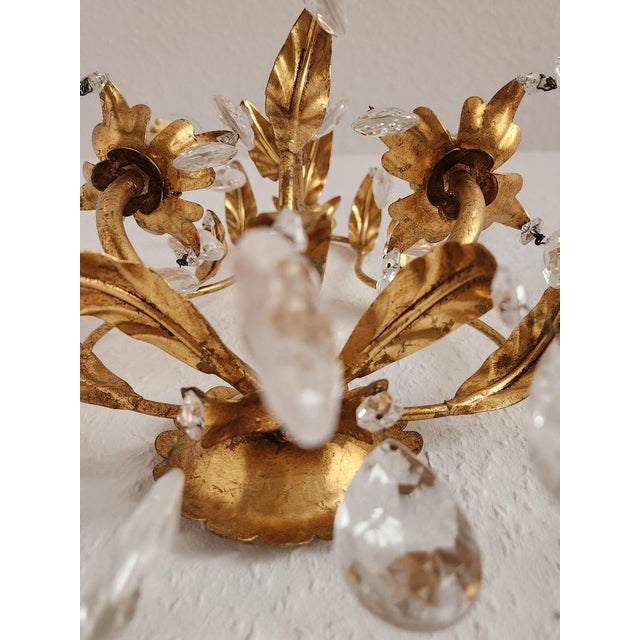 Hollywood Regency Hand-Forged Gold Leaf Gilded Floral 2-Light Wall Lamp with Crystals, 1950s For Sale - Image 9 of 18