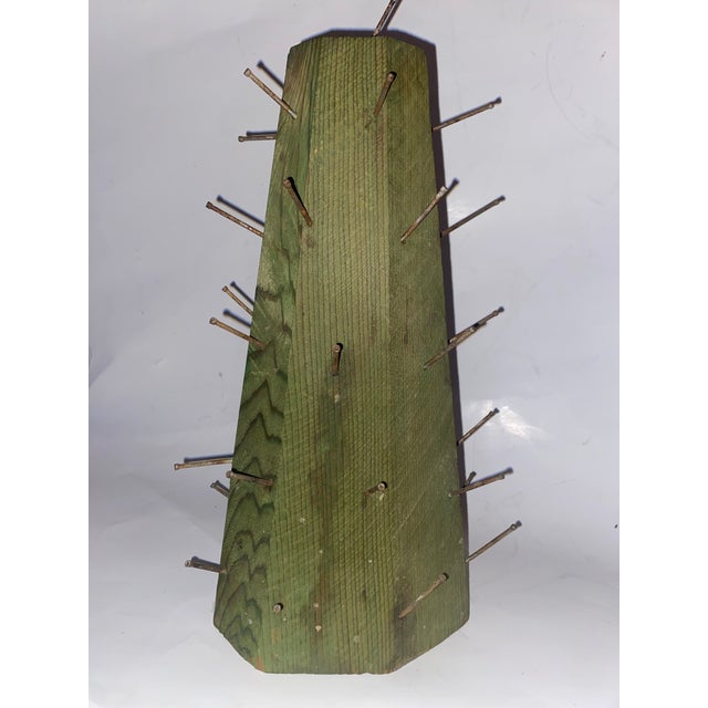 1920s Colonial Williamsburg Apple Tree Cone Centerpiece Wood Fruit Cone Vintage Brutalist Art. Handmade Green-Painted Wooden Cone Hammered Nails. For Sale - Image 4 of 10