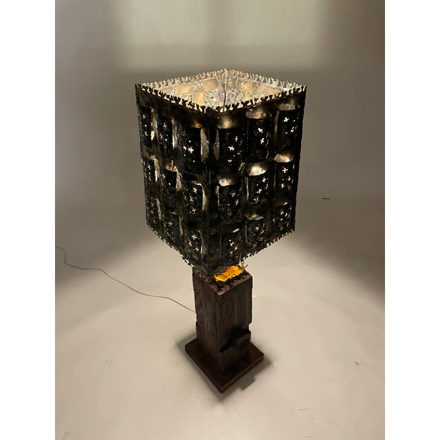 Vintage 1970s Brutalist Torch Cut Table Lamp With Nakashima Style Wood Base For Sale - Image 14 of 15