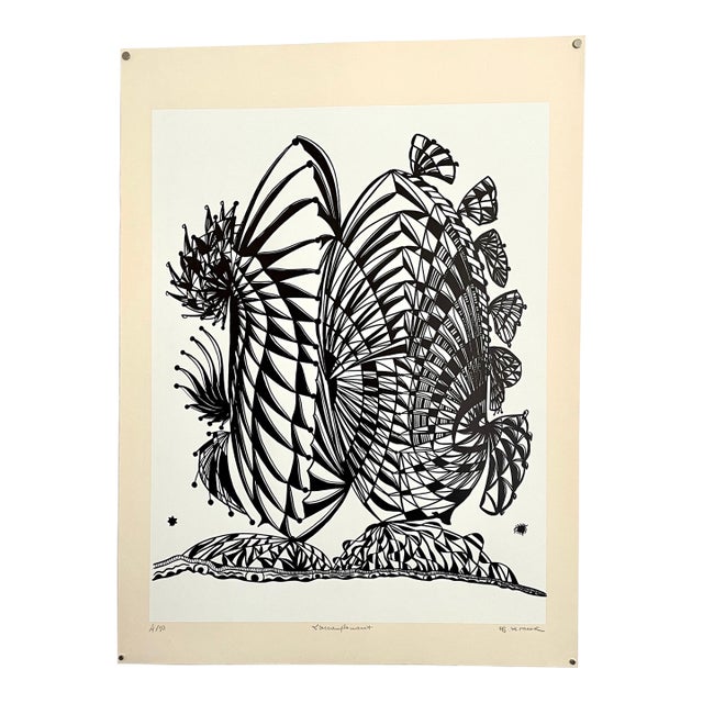 Philippe Dereux Large 1960s French Art Brut Lithograph Bold Black & White Op Art Philippe Dereux 1967 For Sale