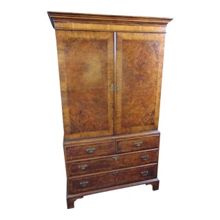 English Georgian Burl Walnut Linen Press For Sale