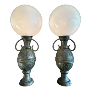 1920s Pair of Antique Brass Moroccan Huge Double Handle Water Jug Globe Table Lamps