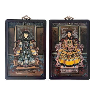 Reverse Painted Chinese Qianlong Emperor & Empress (Nobles) Rosewood Framed Ancestor Paintings - A Pair For Sale