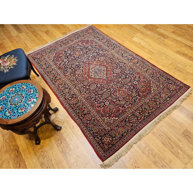 Textile Vintage Persian Kashan Area Rug, Hand-Knotted Wool, Floral Pattern, Navy & Red, 5x7 For Sale - Image 7 of 16