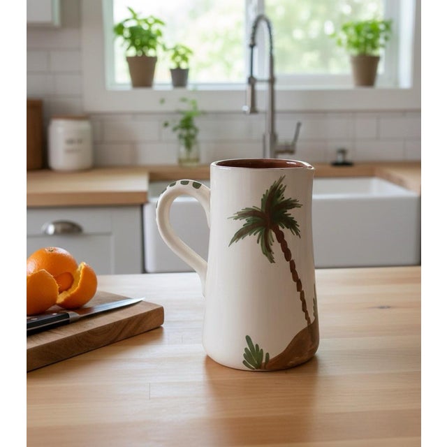 Ceramic Hand-Painted Moroccan Terracotta Palm Pitcher For Sale - Image 7 of 7