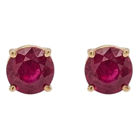 Round 7mm - Solitaire Madagascar Ruby Studs in 14k Solid Gold, A Pair For Sale