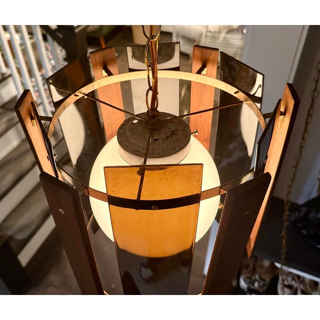 Mid 20th Century Danish Modern Teak Wood Smoked Acrylic Panel Swag Pendant Lamp For Sale - Image 4 of 5