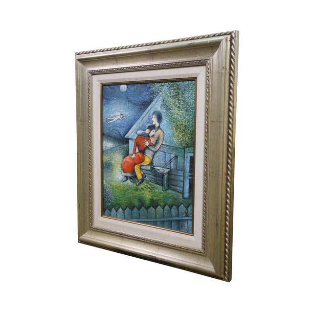 Modern Late 20th Century The Lovers Embrace at Moonlight Oil Painting After Marc Chagall 29" For Sale - Image 3 of 12