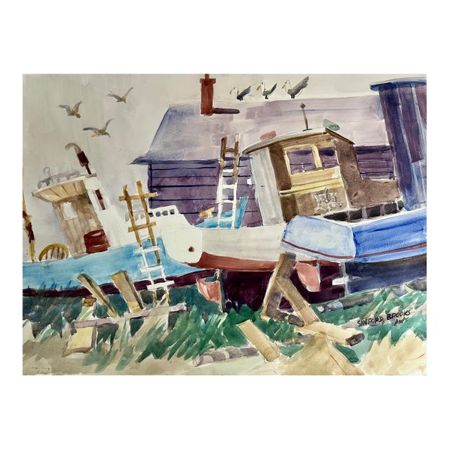 Vintage Modernist Watercolor Painting of Fishing Boats in the Boat Yard by Sanford Brooks For Sale