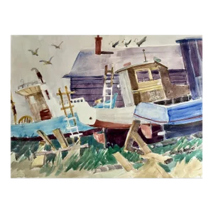 Vintage Modernist Watercolor Painting of Fishing Boats in the Boat Yard by Sanford Brooks