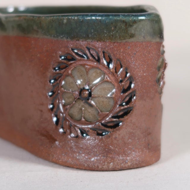 1970s Handcrafted Signed Studio Pottery Floral Relief Ceramic Vessel Cachepot in Earthy Brown & Green Glaze For Sale - Image 14 of 15