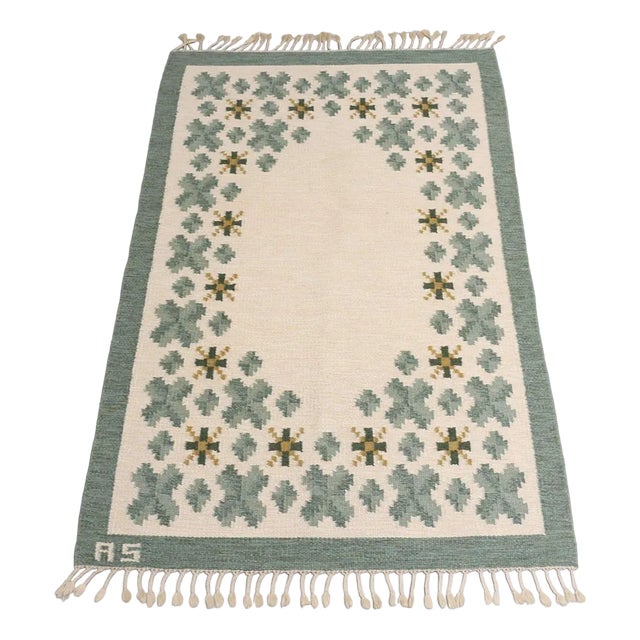 Swedish Flat Weave Rug in Soft Green Tones on Cream Background For Sale