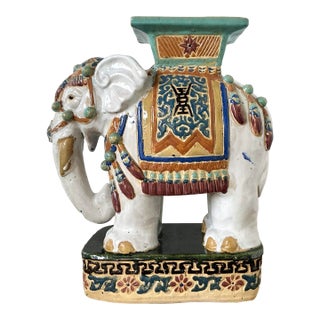Vintage Boho Glazed Ceramic Low Elephant Stool For Sale