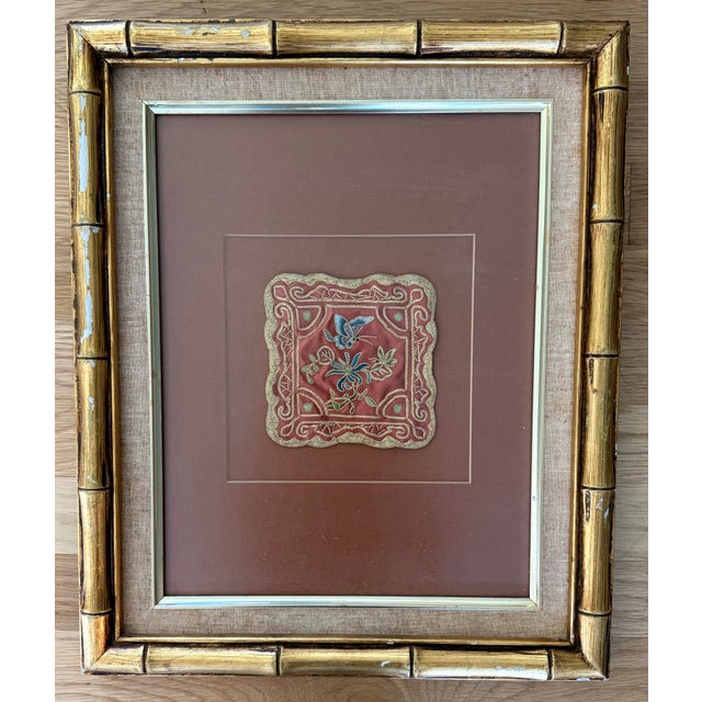Chinese Pair of Vintage Framed Chinese Textile Art in Faux Bamboo Frames For Sale - Image 3 of 13