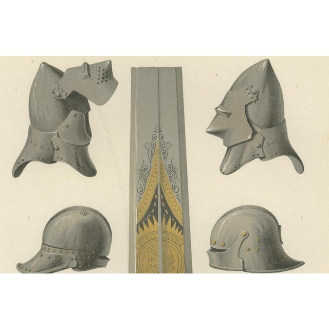 After Rivaud, Medieval Helmets and a German Sword, 1851, Chromolithograph For Sale - Image 4 of 9