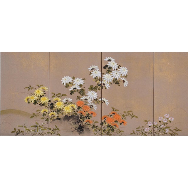 1950s Folding Screen Excellent Front and Good + Back Panels Japanese Byobu "3 Colorful Chrysanthemums" Orange, White &...