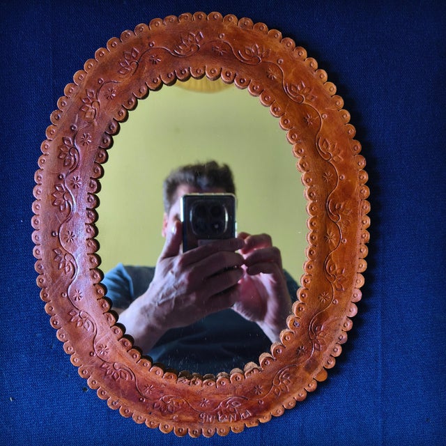 Mid-Century Modern Vintage Embossed Leather Mirror, 1960s For Sale - Image 3 of 16