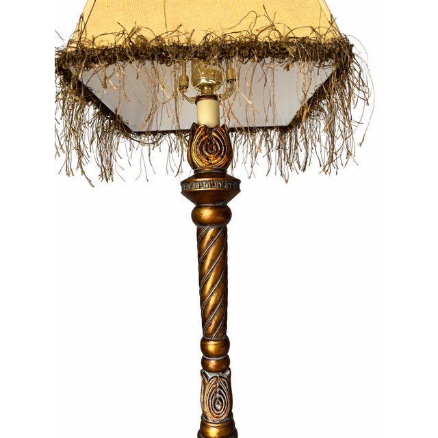 Gold Ornate Gold-Tone Barley-Twist Buffet Lamp With Fringed Shade For Sale - Image 8 of 11