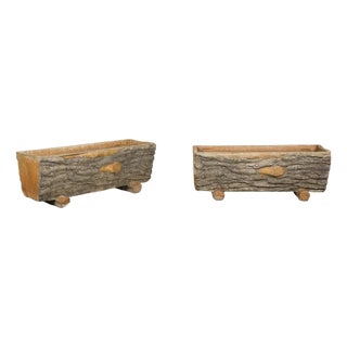 Rustic Pair of Faux Bois Midcentury Trough Shaped Concrete Planters, circa 1930 For Sale