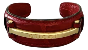 1990’s Gucci Red Crocodile Style Leather Bracelet With Gold Tone Engraved Logo Narrow Horse Bit