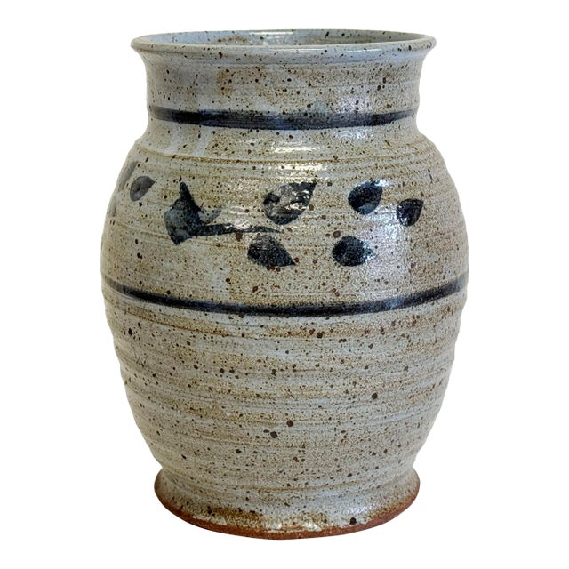 Vintage Studio Pottery Vase Vessel With Floral Detail For Sale