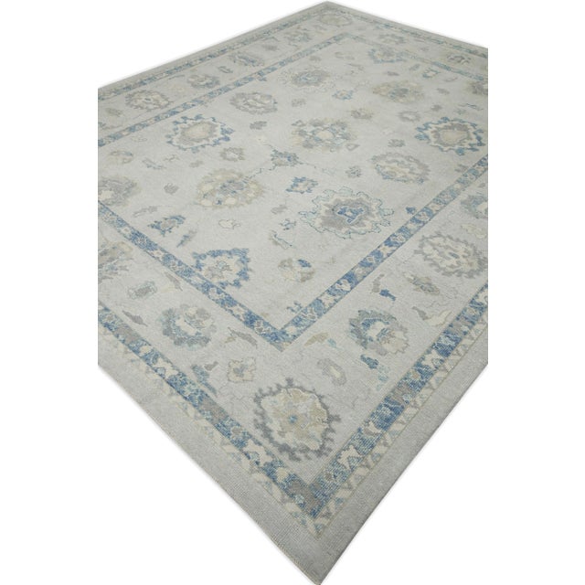 Early 21st Century Early 21st Century Blue Floral Design Handwoven Wool Turkish Oushak Rug 9'4" X 11'5" For Sale - Image 5 of 8