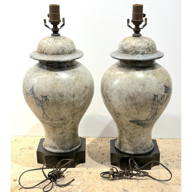 Pair of Deft-Style Chinoiserie Urn Lamps with Banner-Bearer Decoration For Sale - Image 14 of 18