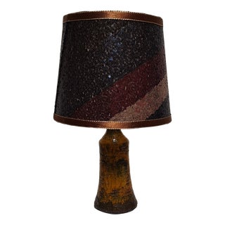 Vintage Yellow-Brown Ceramic Table Lamp with Handmade Fabric Shade, 1970s For Sale
