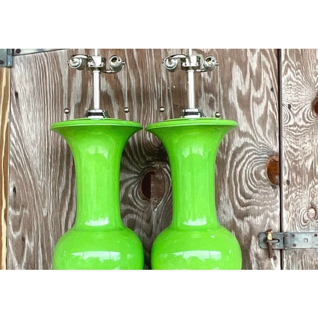 Green Vintage Regency Apple Green Glazed Ceramic Lamps - a Pair For Sale - Image 8 of 12