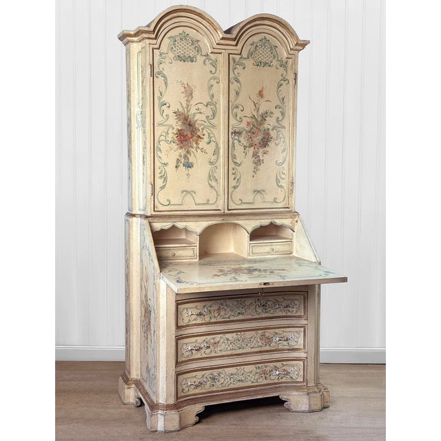 Rococo Vintage Italian Venetian Hand Painted Secretary Desk W/ Bookcase Top For Sale - Image 3 of 17