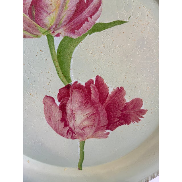 Metal Mid 20th Century Hand Painted Floral Silverplate Tray With Pink Flowers For Sale - Image 7 of 12