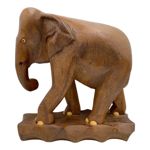 Vintage Hand-Carved Brown Wood Elephant Figure Statue on Base Animal Decor For Sale - Image 10 of 12