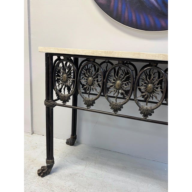 1990s 1990s Bronze & Travertine Paw Feet & Sun Design Console Table For Sale - Image 5 of 12