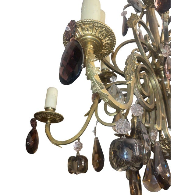Gold French Early 20th Century Brass and Bronze Chandelier W Mixed Cut Crystal Colors For Sale - Image 8 of 9