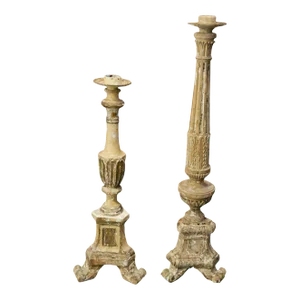 18th-19th Century Italian Wood Pricket Candlesticks - an Unmatched Pair