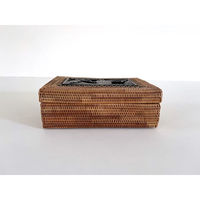 Brown Vintage Rattan and Carved Mahogany Box For Sale - Image 8 of 12